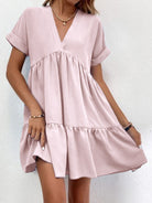 Summer Casual Sweet Ruffled V-neck Dress: Short-sleeved with Solid Color, Ideal for Holiday Beach Wear in Women's Clothing
