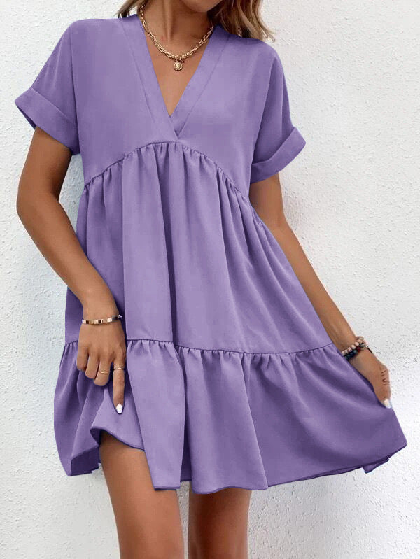 Summer Casual Sweet Ruffled V-neck Dress: Short-sleeved with Solid Color, Ideal for Holiday Beach Wear in Women's Clothing
