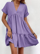 Summer Casual Sweet Ruffled V-neck Dress: Short-sleeved with Solid Color, Ideal for Holiday Beach Wear in Women's Clothing