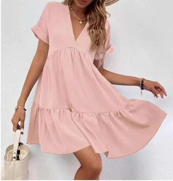 Summer Casual Sweet Ruffled V-neck Dress: Short-sleeved with Solid Color, Ideal for Holiday Beach Wear in Women's Clothing