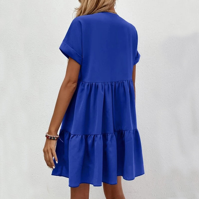 Summer Casual Sweet Ruffled V-neck Dress: Short-sleeved with Solid Color, Ideal for Holiday Beach Wear in Women's Clothing