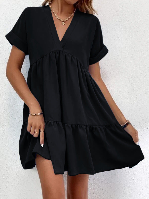 Summer Casual Sweet Ruffled V-neck Dress: Short-sleeved with Solid Color, Ideal for Holiday Beach Wear in Women's Clothing