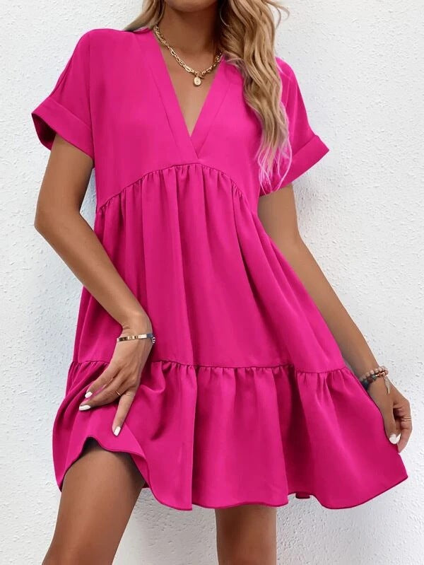Summer Casual Sweet Ruffled V-neck Dress: Short-sleeved with Solid Color, Ideal for Holiday Beach Wear in Women's Clothing