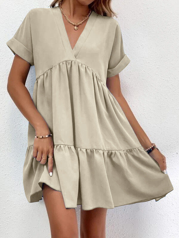 Summer Casual Sweet Ruffled V-neck Dress: Short-sleeved with Solid Color, Ideal for Holiday Beach Wear in Women's Clothing