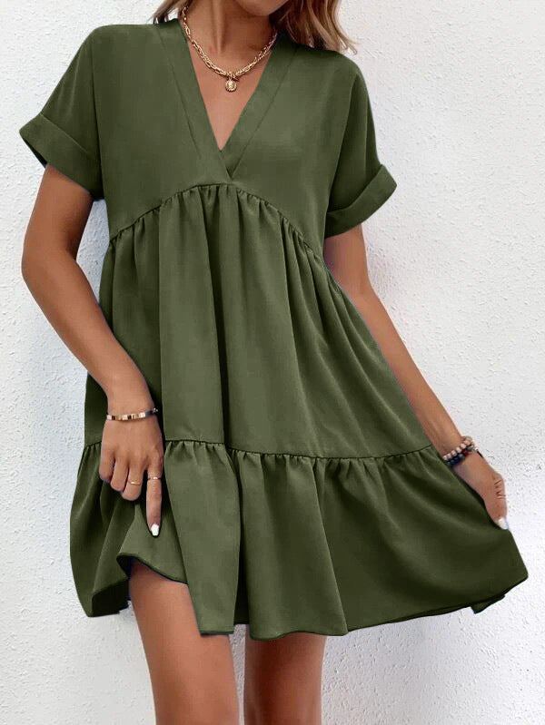 Summer Casual Sweet Ruffled V-neck Dress: Short-sleeved with Solid Color, Ideal for Holiday Beach Wear in Women's Clothing