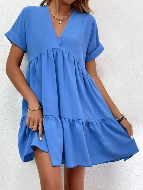 Summer Casual Sweet Ruffled V-neck Dress: Short-sleeved with Solid Color, Ideal for Holiday Beach Wear in Women's Clothing
