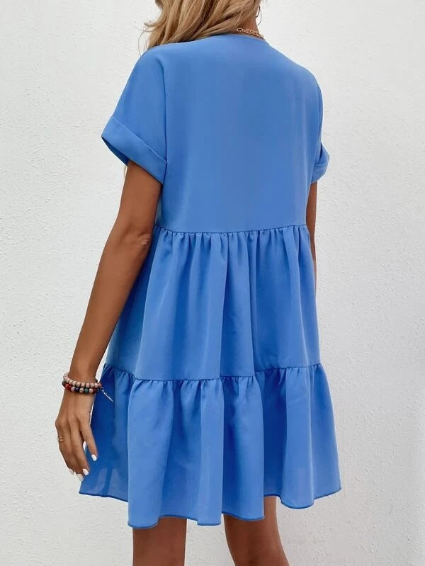 Summer Casual Sweet Ruffled V-neck Dress: Short-sleeved with Solid Color, Ideal for Holiday Beach Wear in Women's Clothing