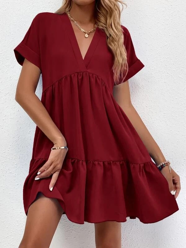 Summer Casual Sweet Ruffled V-neck Dress: Short-sleeved with Solid Color, Ideal for Holiday Beach Wear in Women's Clothing