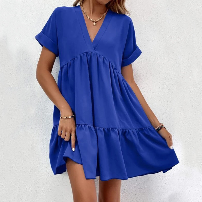 Summer Casual Sweet Ruffled V-neck Dress: Short-sleeved with Solid Color, Ideal for Holiday Beach Wear in Women's Clothing