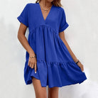 Summer Casual Sweet Ruffled V-neck Dress: Short-sleeved with Solid Color, Ideal for Holiday Beach Wear in Women's Clothing
