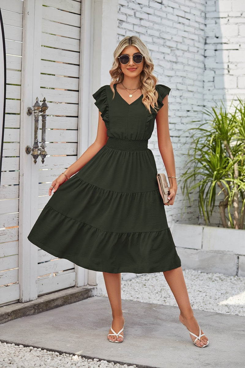 Summer Fashion Ruffled Sleeveless V-Neck Dress with Elastic Waist: A-Line Style, Perfect for Women's Clothing