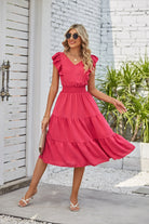 Summer Fashion Ruffled Sleeveless V-Neck Dress with Elastic Waist: A-Line Style, Perfect for Women's Clothing