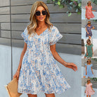 Summer Floral Print Short-sleeved Dress: Loose Chiffon A-line Style, Perfect for Fashionable Casual Holiday Beach Wear in Women's Clothing.