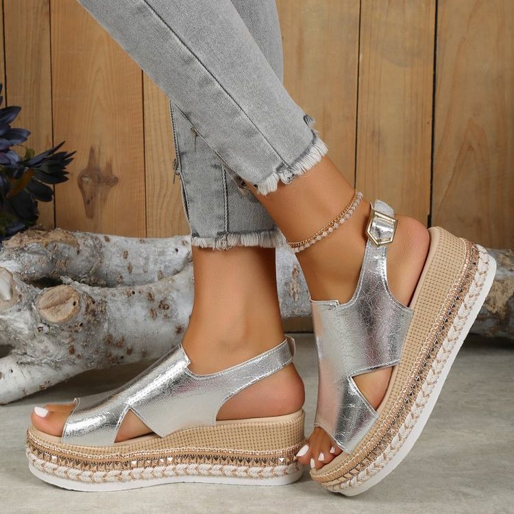 Summr Shiny Sandals Hollow Design Fish Mouth Sandal For Women Fashion Buckle Wedges Shoes