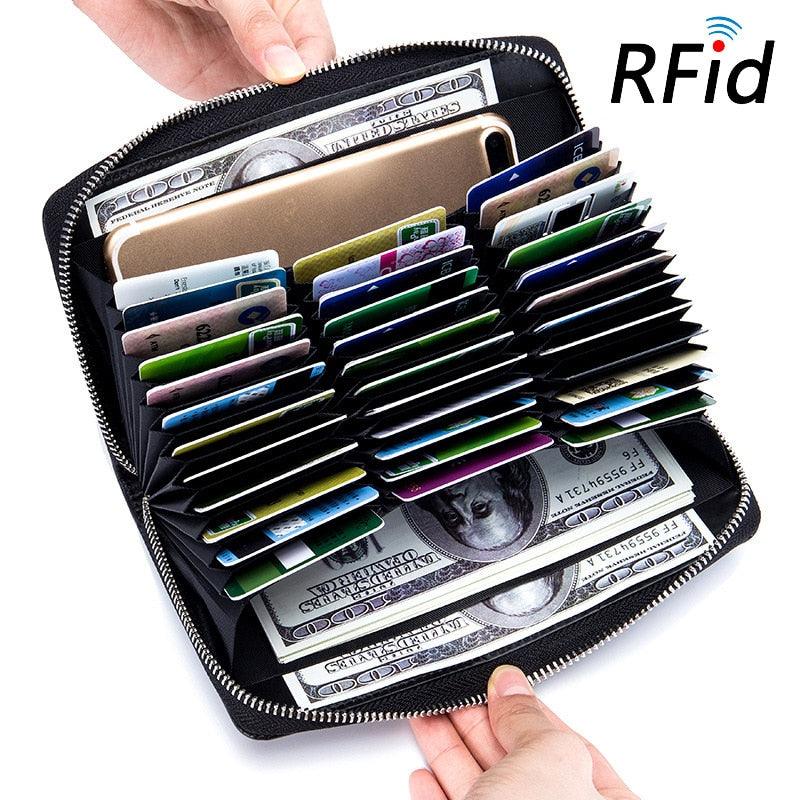 The RFID Men's Wallet, made of genuine cow leather, features 36 card slots and a cell phone pocket for stylish and functional storage.