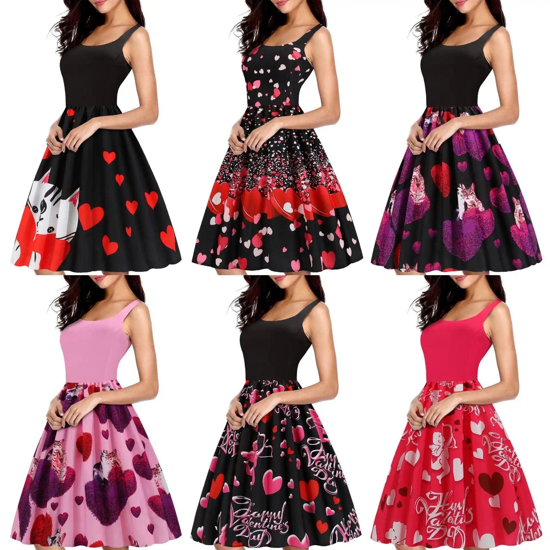 Valentine's Dress: Temperament Stitching Heart Shaped Print Swing Dress