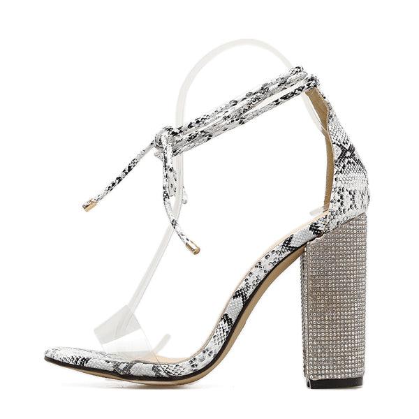 Women Rome Heeled Sandals Bandage Rhinestone Ankle Strap Pumps Super High Heels 10CM Square Heels Lady wedding Shoes