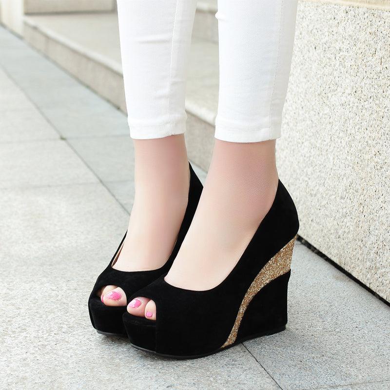 Women Spring Style Platform Wedge Daily Pumps Shoes Fashion Ladies Peep Toe Mixed Color Suede Party High Heel Shoe