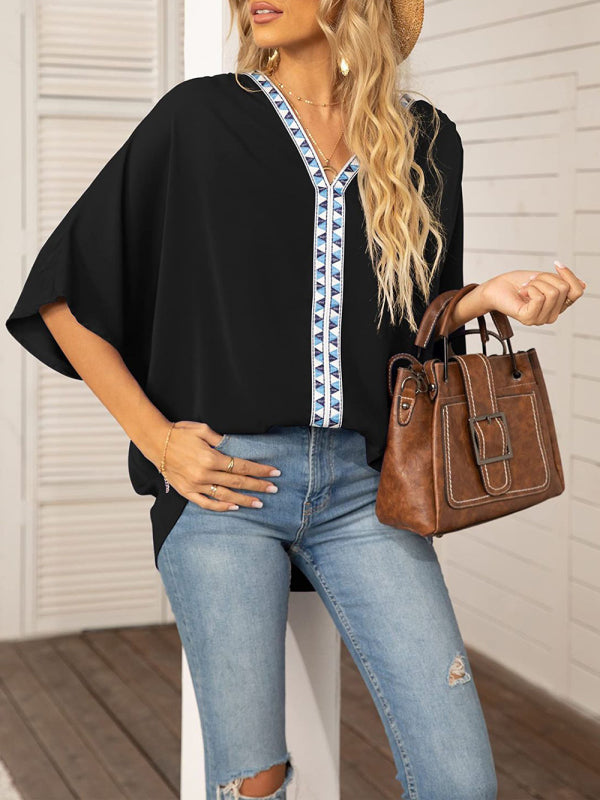 Women's Dolman Sleeve Chiffon V-Neck Short Sleeve Shirt Shirt