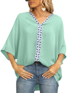 Women's Dolman Sleeve Chiffon V-Neck Short Sleeve Shirt Shirt