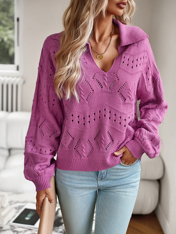 Women's POLO Neck Long Sleeve Knit Top