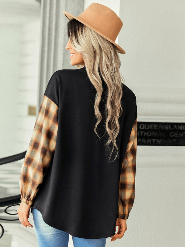 Women's fashion Plaid patchwork Polo loose shirt