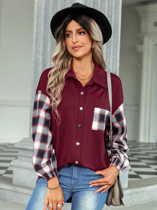 Women's fashion Plaid patchwork Polo loose shirt