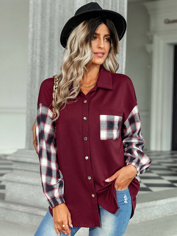 Women's fashion Plaid patchwork Polo loose shirt