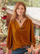 Women's gold velvet three-quarter sleeve elegant plunging collar top