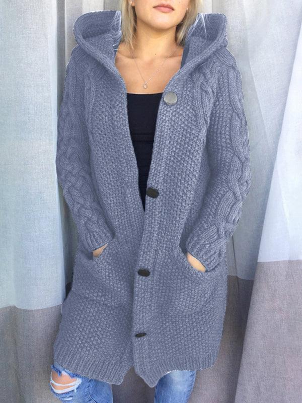 Women's hooded single-breasted long-sleeved sweater cardigan