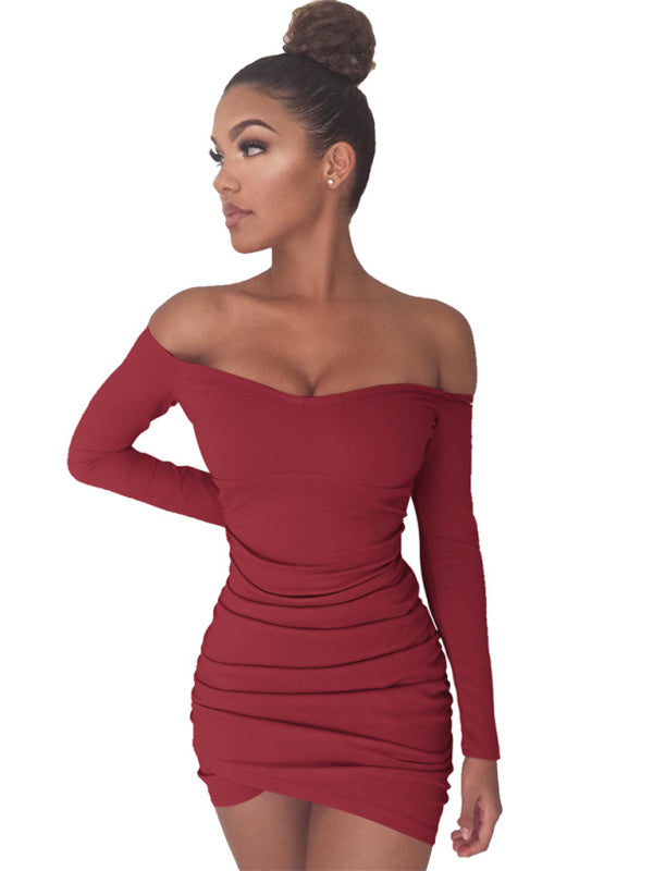 Women's long-sleeved sexy one-shoulder package hip dress