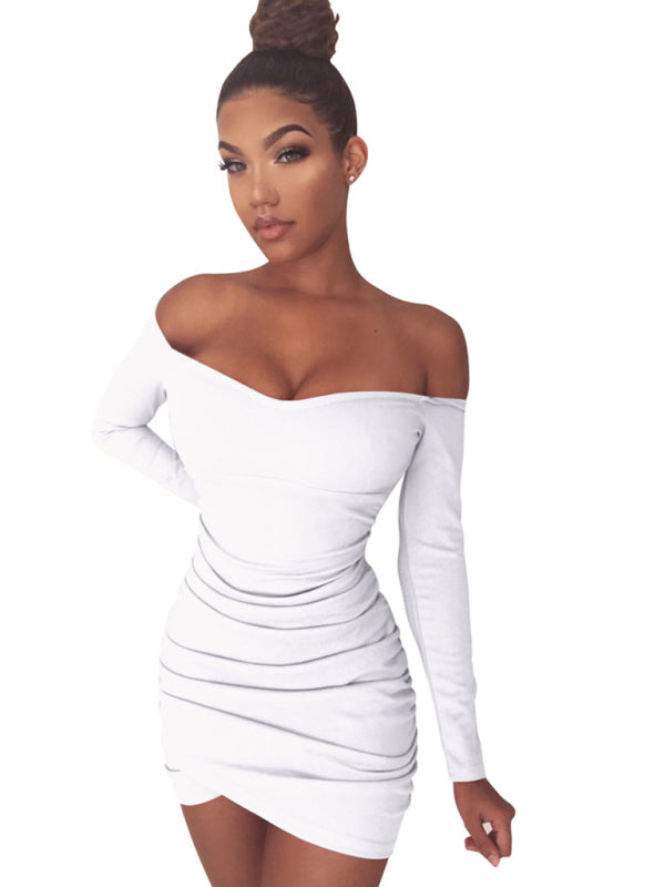 Women's long-sleeved sexy one-shoulder package hip dress