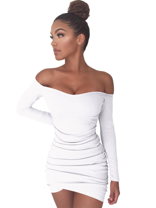 Women's long-sleeved sexy one-shoulder package hip dress