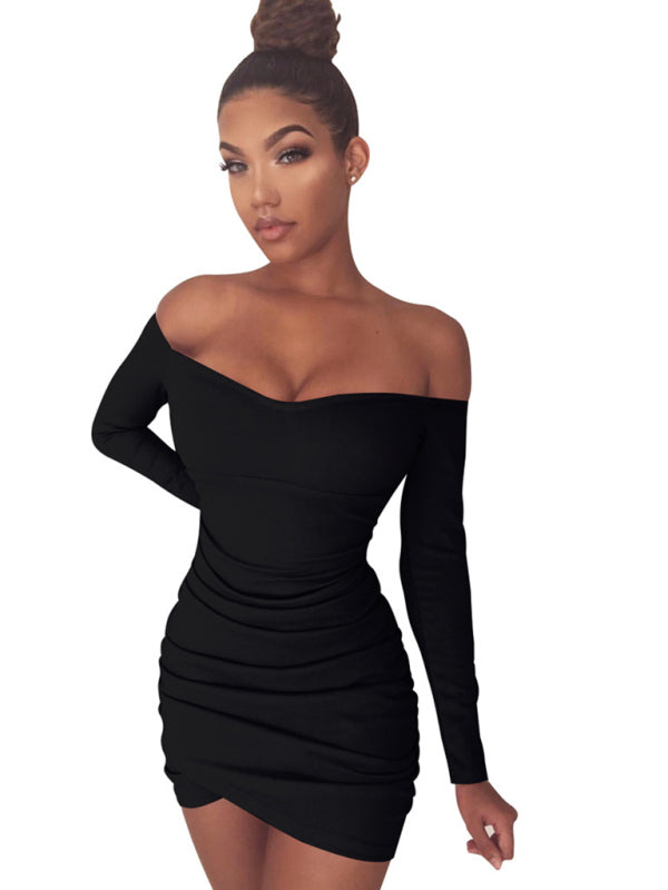 Women's long-sleeved sexy one-shoulder package hip dress