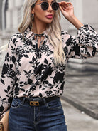 Women's new V-neck lace-up printed shirt