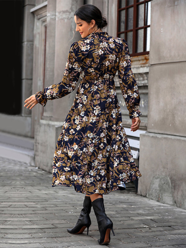 Women's new V-neck waist long-sleeved printed dress