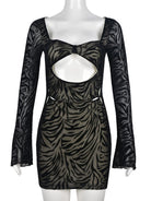 Women's sexy zebra print flocked mesh long-sleeved dress