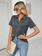 Women's solid color short-sleeved lapel pocket loose polo t-shirt