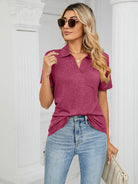 Women's solid color short-sleeved lapel pocket loose polo t-shirt