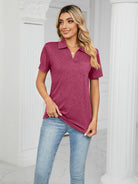 Women's solid color short-sleeved lapel pocket loose polo t-shirt