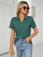 Women's solid color short-sleeved lapel pocket loose polo t-shirt