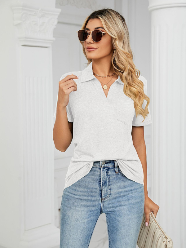 Women's solid color short-sleeved lapel pocket loose polo t-shirt