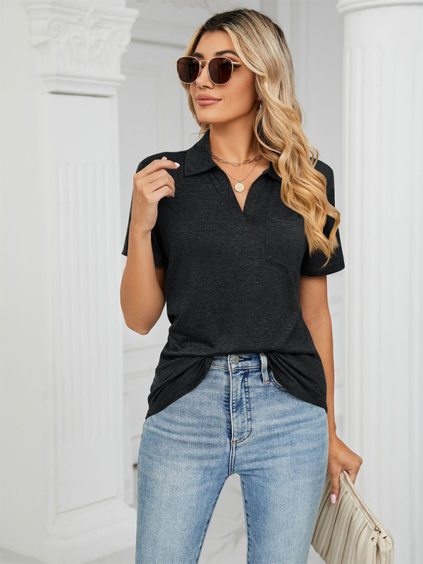 Women's solid color short-sleeved lapel pocket loose polo t-shirt