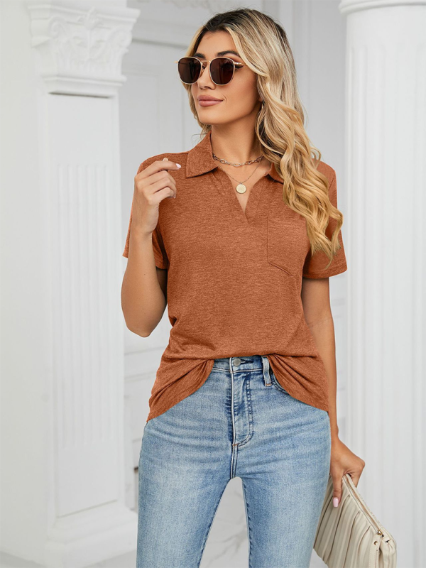 Women's solid color short-sleeved lapel pocket loose polo t-shirt