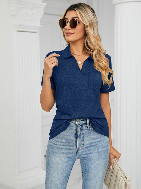 Women's solid color short-sleeved lapel pocket loose polo t-shirt