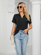 Women's solid color short-sleeved lapel pocket loose polo t-shirt