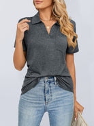 Women's solid color short-sleeved lapel pocket loose polo t-shirt