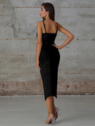 Women's suspender V-neck open back velvet slit dress