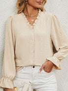 Wood ear side V-neck solid color cut flower bottoming T-shirt chiffon shirt top