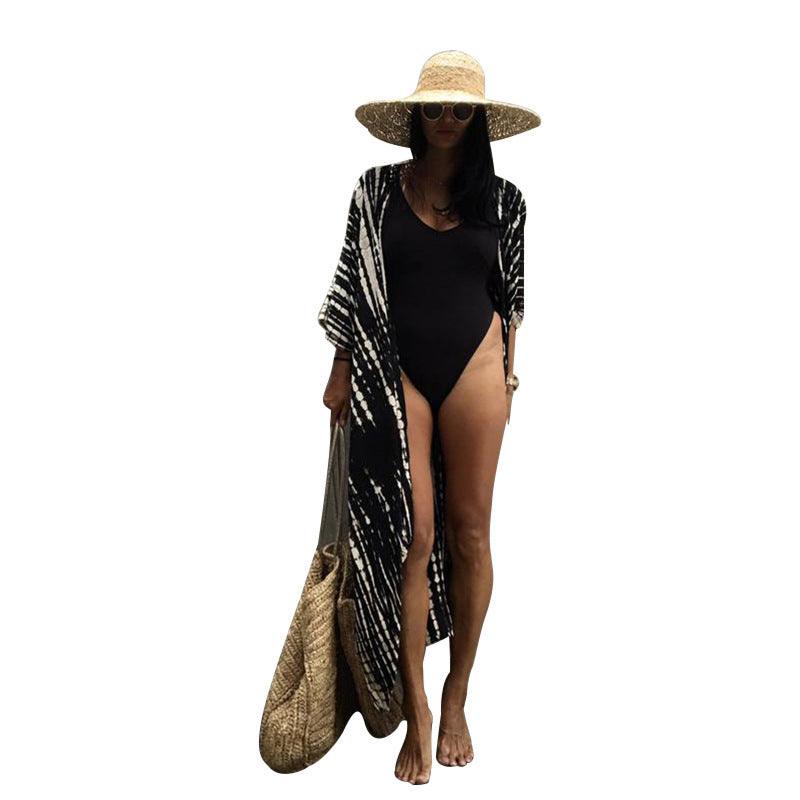 Boho-printed fringed long kimonos, carfigans, and tunics serve as sexy bikini cover-ups for plus-size women, ideal for beachwear and swim suits - Bloomjay